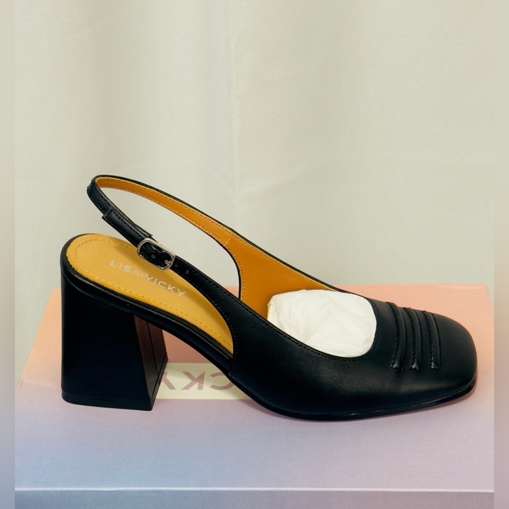 Lisa Vicky Black Chic Sturdy Closed Square Toe Slingback Block Heels US 8M. NWT - Picture 11 of 13